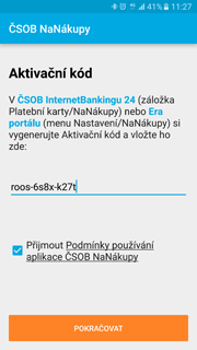 V internetovém bankovnictví (záložka Platební karty > NaNákupy) si vygenerujte Aktivační kód, přepište ho do aplikace a potvrďte podmínky