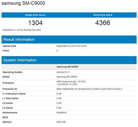 Samsung Galaxy C9 se 6 GB RAM na Geekbench testu