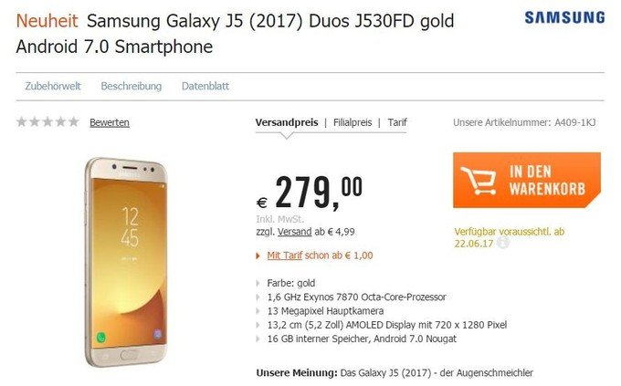 Galaxy J5 2017 za 279€!