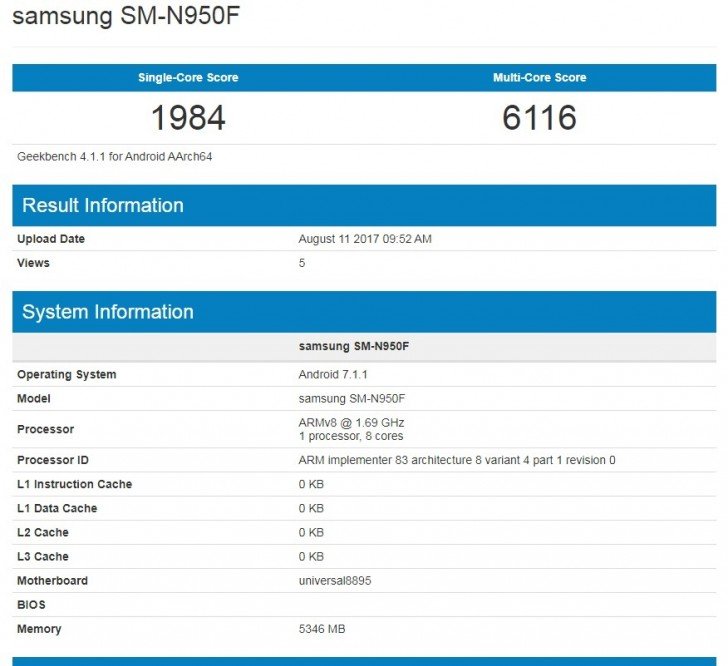 Samsung Galaxy Note8 na Geekbench 