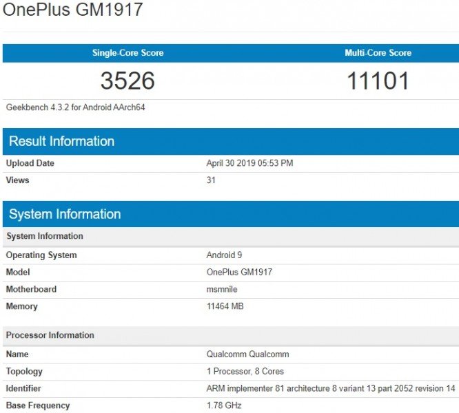 Geekbench test OnePlus 7 Pro