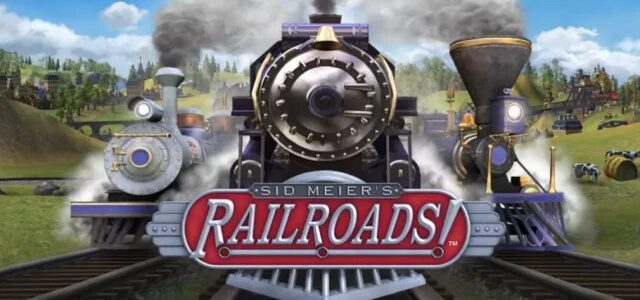 Screenshot ze hry Sid Meier's Railroads zobrazující železniční systém, vlaky a budovy